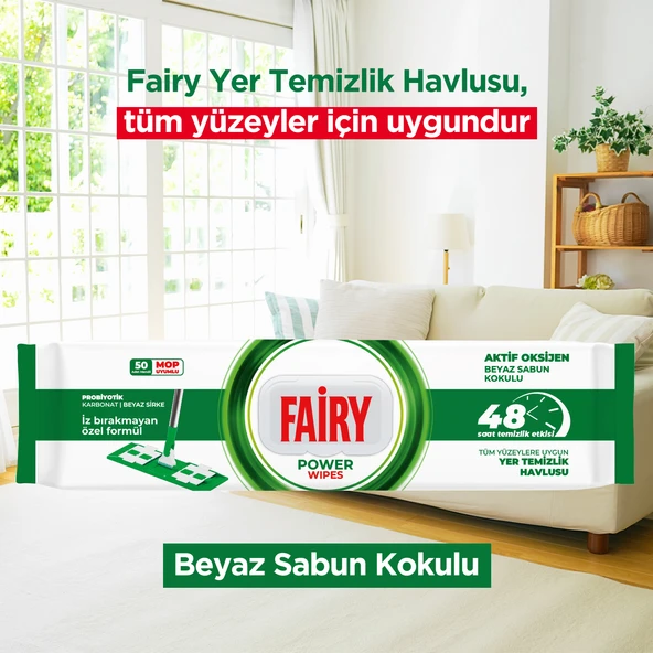 Fairy Power Wipes Mop Uyumlu Yer Temizlik Havlusu 50 Yaprak | Beyaz Sabun | 3 Adet - Resim 3