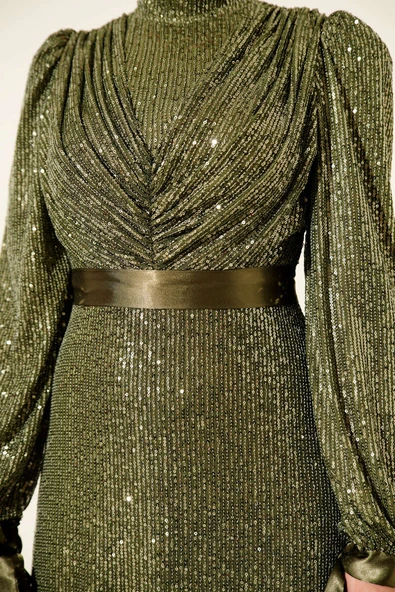 Kol Bağcıklı Pul Payet Abiye Elbise Haki - Resim 4