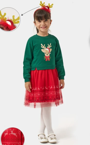 Kız Çocuk Oh Deer Tüllü Baskılı Yılbaşı Elbisesi NBK-24909 - Resim 7