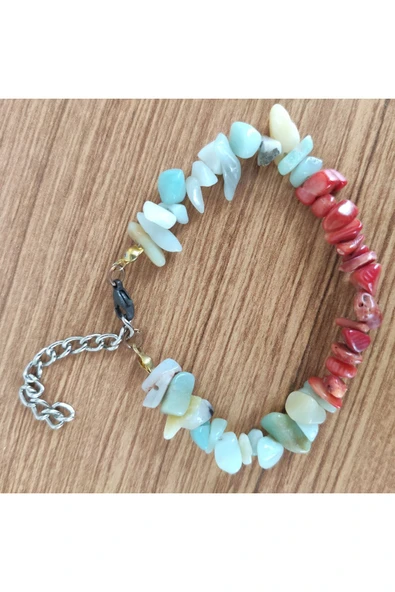 Kırmızı Mercan & Amazonit Doğal Taş El Yapımı Bileklik - Resim 3