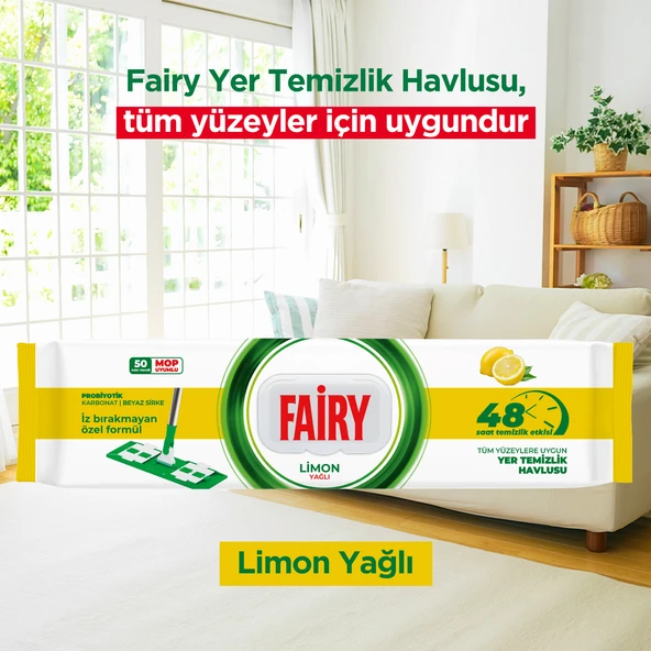 Fairy Power Wipes Mop Uyumlu Yer Temizlik Havlusu 50 Yaprak |Limon Yağlı | 3 Adet ürün görseli