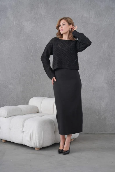 IŞŞIL 8600-Örgü Üst Askılı V Yaka  OverSize Triko Elbise - 2