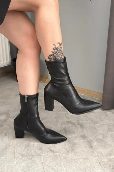 Kadın Volga Siyah Fermuarlı 8 cm Kalın Topuklu Strec Bot - 4