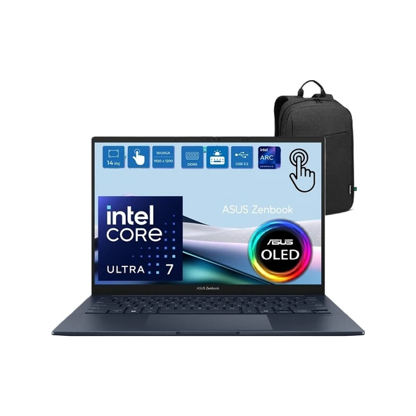 Zenbook 14 UX3405CA-QL286W Intel Core Ultra 7 255H 16GB LPDDR5X 1tb SSD Intel Arc Graphics 14.0" Wuxga OLED 400NIT Windows 11 Home Dokunmatik Taşınabilir Bilgisayar Snertech Çanta ürün görseli