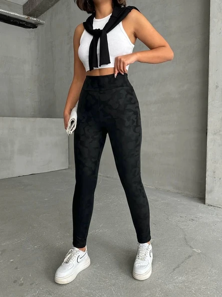 Gizli yan fermuarlı bulut desenli tayt siyah h248638 ürün görseli