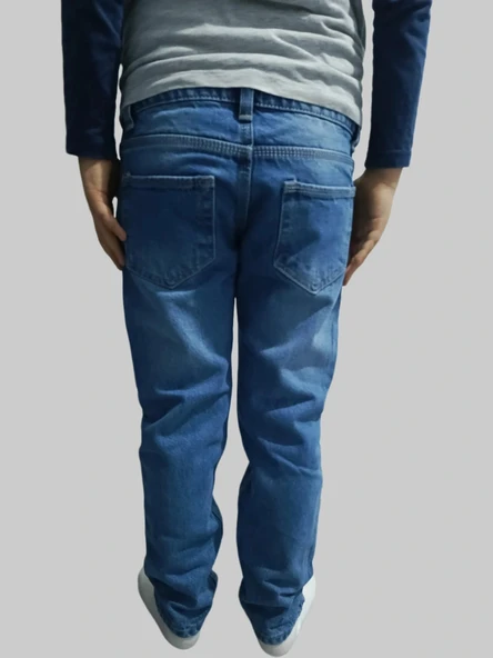 Erkek Çocuk Denim Mavi Düz Ligrasız Kot Pantolon - 3
