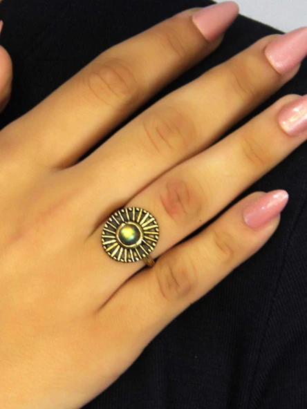 Doğal Taş Labradorit Yuvarlak Doğal Taşlı Antik Model Kadın Ayarlanabillir Yüzük euy70lbt - Resim 2