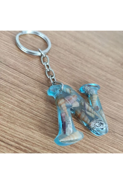 "N" HARFİ - Açık Mavi Deniz Epoksi Harf Anahtarlık – Gerçek Deniz Kabuğu, El Yapımı, Benzersiz - Resim 4