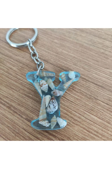 "Y" HARFİ - Açık Mavi Deniz Epoksi Harf Anahtarlık – Gerçek Deniz Kabuğu, El Yapımı, Benzersiz - Resim 5