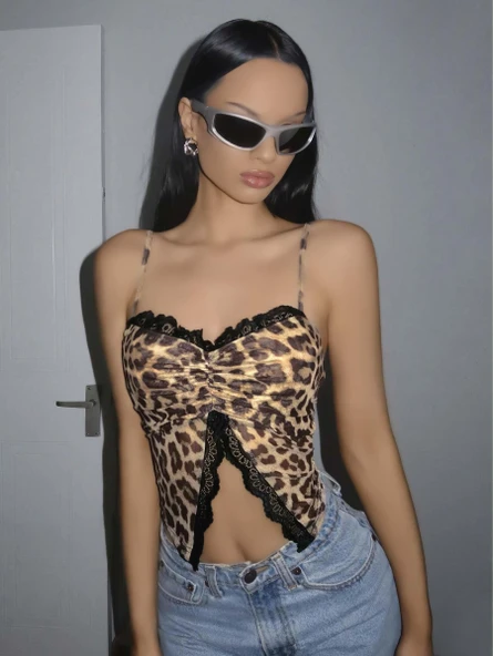 Kadın Leopar Desenli Crop Önden Dantel detaylı 5095 ürün görseli 1