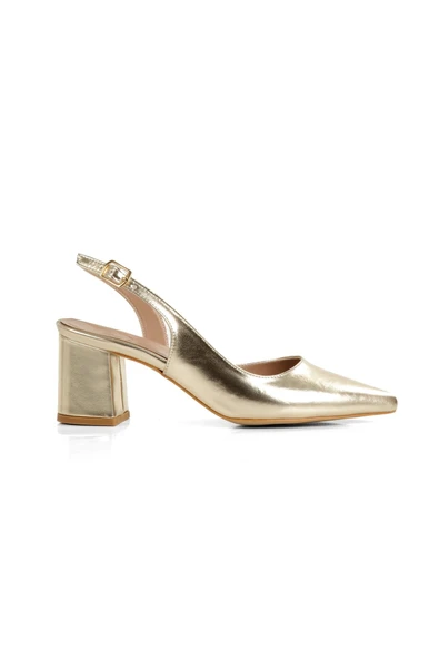 Altın Dore Renk Abiye Ayakkabı Kalın Kısa Topuklu Önü Kapalı Stiletto Verlik - Resim 5