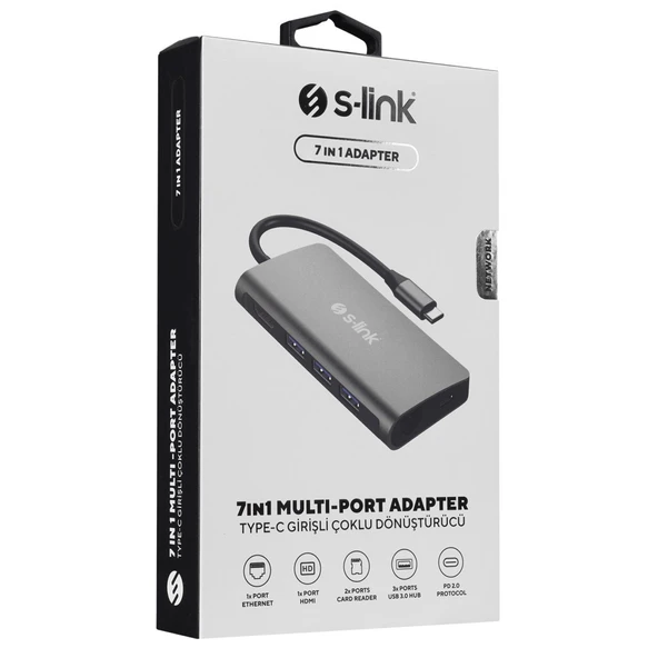 S-link SW-U5205 Gri Metal 7 in 1 3 port USB 3.0 PD Şarj HDMI Gigabit Ethernet SD/TF Type C Hub Adaptör - 5