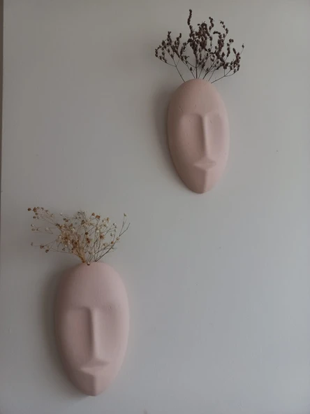 Dekoratif 2'li Yüz Duvar Vazosu, Duvar Süsü ,Heykel Aksesuar Bej Maske - Resim 2