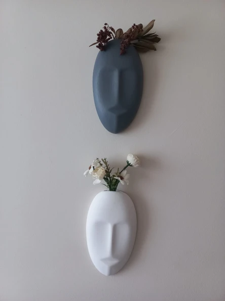 Dekoratif 2'li Yüz Duvar Vazosu, Duvar Süsü ,Heykel Aksesuar Beyaz Gri Maske - Resim 3