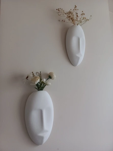 Dekoratif 2'li Yüz Duvar Vazosu, Duvar Süsü ,Heykel Aksesuar Beyaz Maske - Resim 2