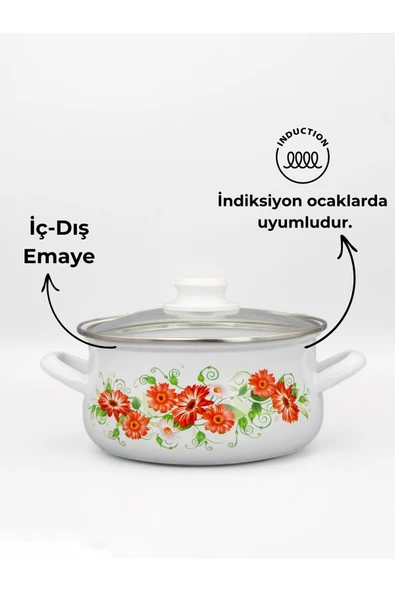 22cm Çiçek Desenli Tekli Cam Kapaklı Emaye Güveç Tencere - Resim 2