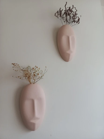 Dekoratif 2'li Yüz Duvar Vazosu, Duvar Süsü ,Heykel Aksesuar Bej Maske ürün görseli 1