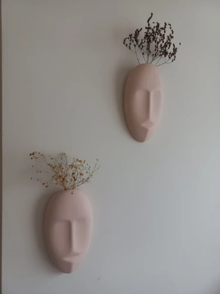 Dekoratif 2'li Yüz Duvar Vazosu, Duvar Süsü ,Heykel Aksesuar Bej Maske - Resim 4