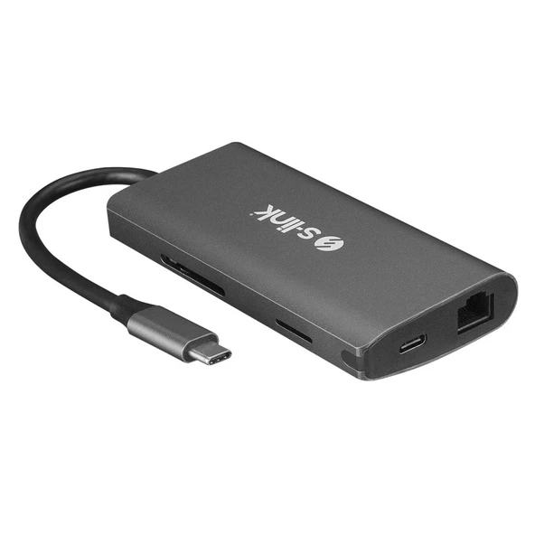 S-link SW-U5205 Gri Metal 7 in 1 3 port USB 3.0 PD Şarj HDMI Gigabit Ethernet SD/TF Type C Hub Adaptör