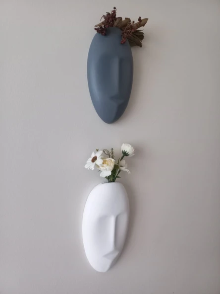 Dekoratif 2'li Yüz Duvar Vazosu, Duvar Süsü ,Heykel Aksesuar Beyaz Gri Maske - Resim 2