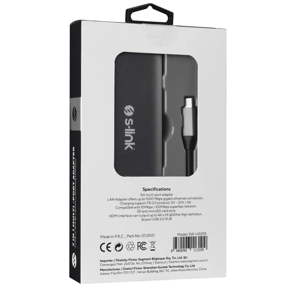 S-link SW-U5205 Gri Metal 7 in 1 3 port USB 3.0 PD Şarj HDMI Gigabit Ethernet SD/TF Type C Hub Adaptör - 6