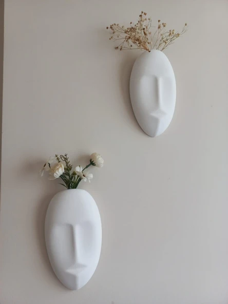 Dekoratif 2'li Yüz Duvar Vazosu, Duvar Süsü ,Heykel Aksesuar Beyaz Maske ürün görseli 1