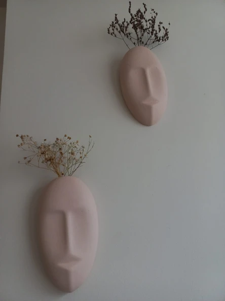 Dekoratif 2'li Yüz Duvar Vazosu, Duvar Süsü ,Heykel Aksesuar Bej Maske - Resim 3