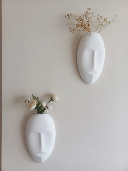 Dekoratif 2'li Yüz Duvar Vazosu, Duvar Süsü ,Heykel Aksesuar Beyaz Maske - Resim 3