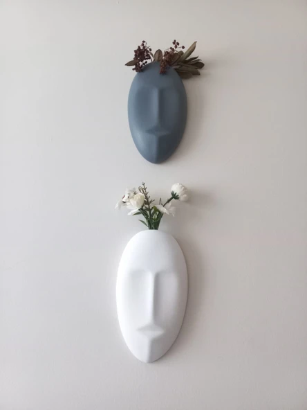 Dekoratif 2'li Yüz Duvar Vazosu, Duvar Süsü ,Heykel Aksesuar Beyaz Gri Maske - Resim 4