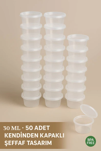 30 ml Kendinden Kapaklı Şeffaf Sosluk – Sızdırmaz, Sıcağa Dayanıklı, Tekrar Kullanılabilir 50’li Set - 6