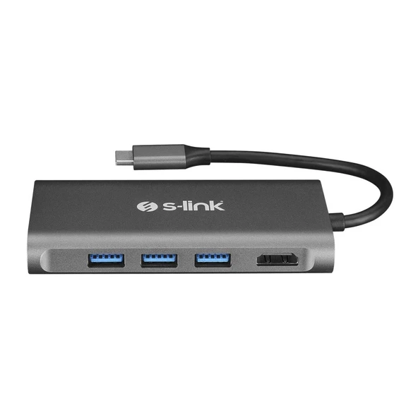 S-link SW-U5205 Gri Metal 7 in 1 3 port USB 3.0 PD Şarj HDMI Gigabit Ethernet SD/TF Type C Hub Adaptör - 2