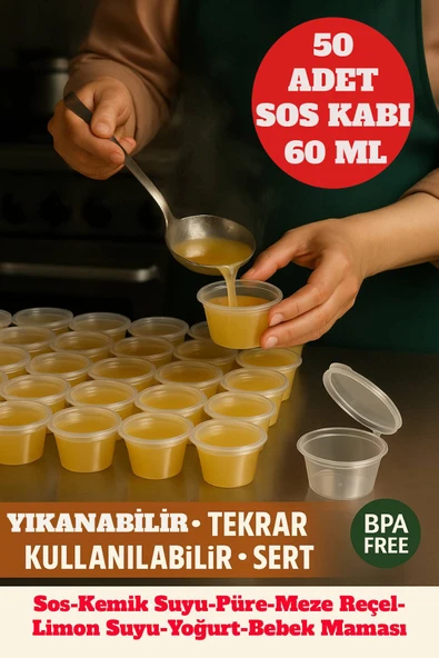 60 ml Kendinden Kapaklı Şeffaf Sosluk – Sızdırmaz, Sıcağa Dayanıklı, Tekrar Kullanılabilir 50’li Set