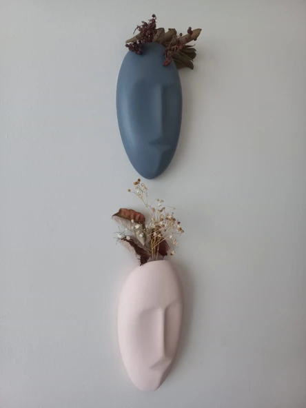 Dekoratif 2'li Yüz Duvar Vazosu, Duvar Süsü ,Heykel Aksesuar Gri Bej Maske ürün görseli 1