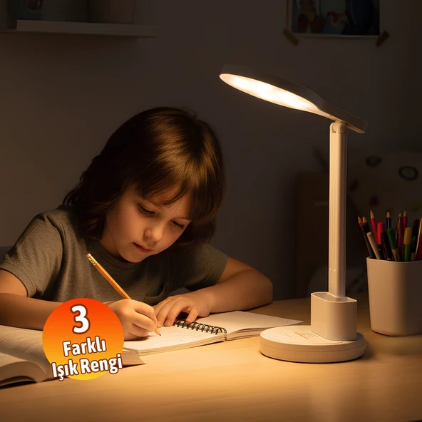 Beyaz Dokunmatik 3 Renkli Kademesiz Karartmalı Type C Şarjlı Masa Lambası Kalemlikli 10W - Resim 4