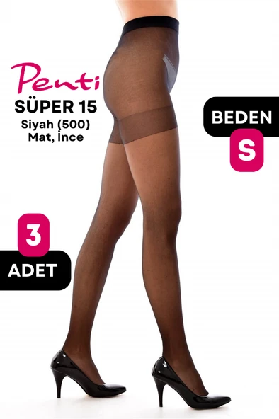 Penti Süper 15 Den Mat İnce Külotlu Çorap Siyah (500) - 1 Numara Small 3 Adet