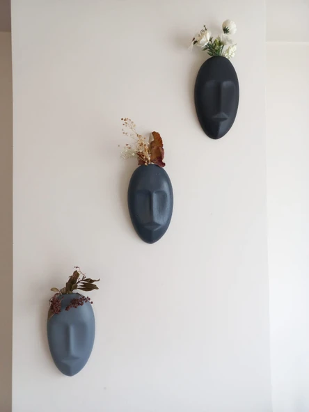 Dekoratif 3'li Mask Duvar Vazosu, Duvar Süsü ,Heykel Aksesuar Siyah Antrasit Gri Maske ürün görseli 1