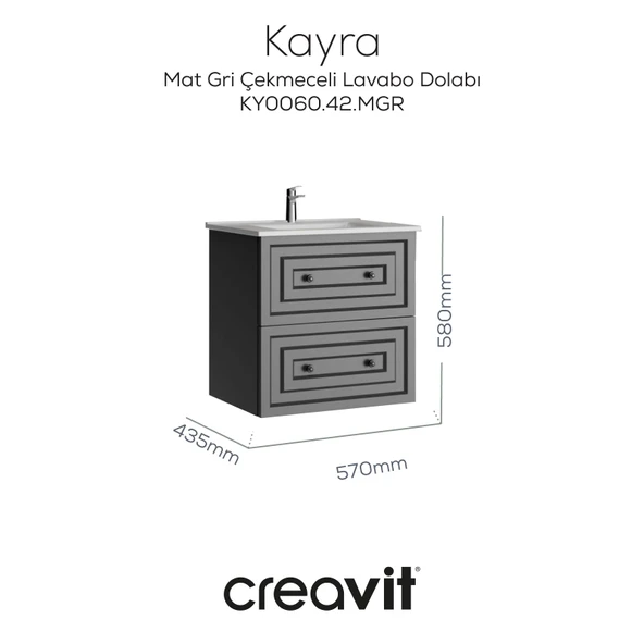Kayra Lavabo Dolabı Çekmeceli 60cm Mat Gri ürün görseli