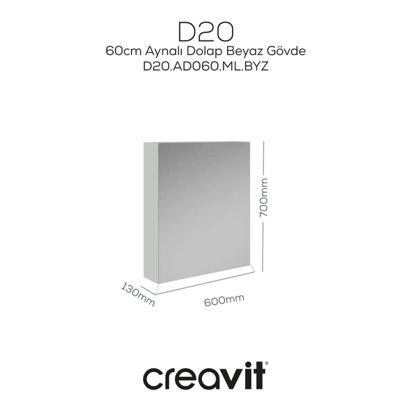 D20 60 Cm Beyaz Aynalı Dolap Melamin Gövde - 2