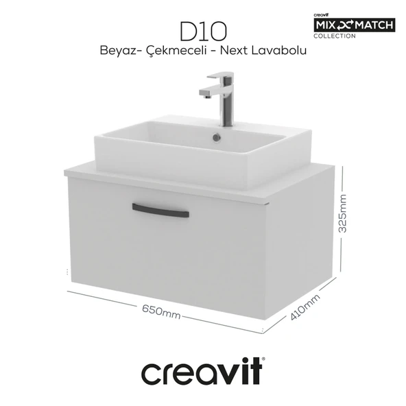 D10 Next Lavabo Dolabı Çekmeceli 65 cm Beyaz Melamin ürün görseli 1
