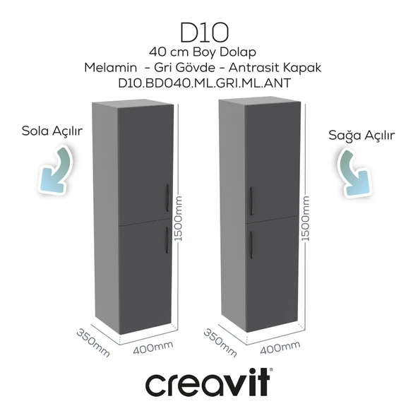 D10 40 cm Sol Boy Dolabı Gri Melamin Gövde, Antrasit Kapak ürün görseli 1