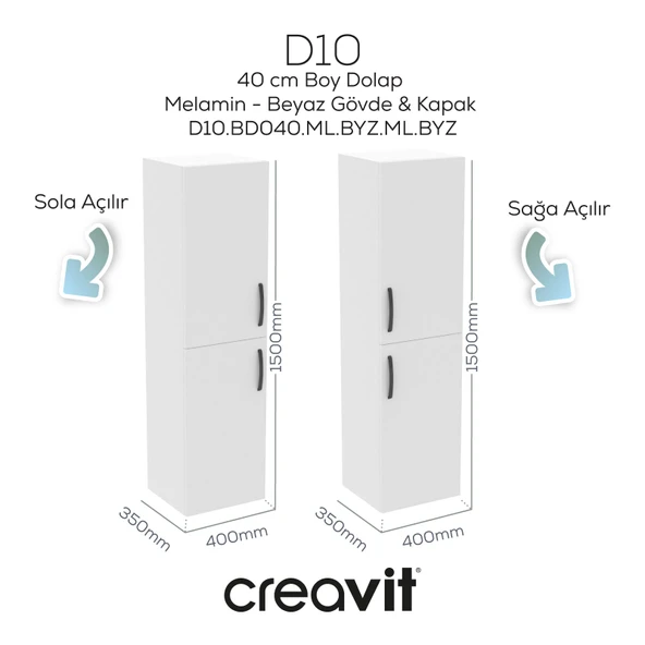 D10 40 cm Sağ Boy Dolabı Beyaz Melamin Gövde Melamin Kapak ürün görseli 1