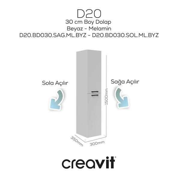 D20 30 Cm Sağa Açılır Boy Dolabı Beyaz Melamin Kapak (Demonte) - Resim 2