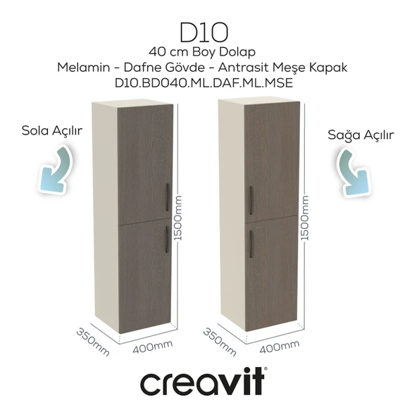 D10 40 cm Sağ Boy Dolabı Dafne Melamin Gövde Antrasit Meşe Kapak ürün görseli