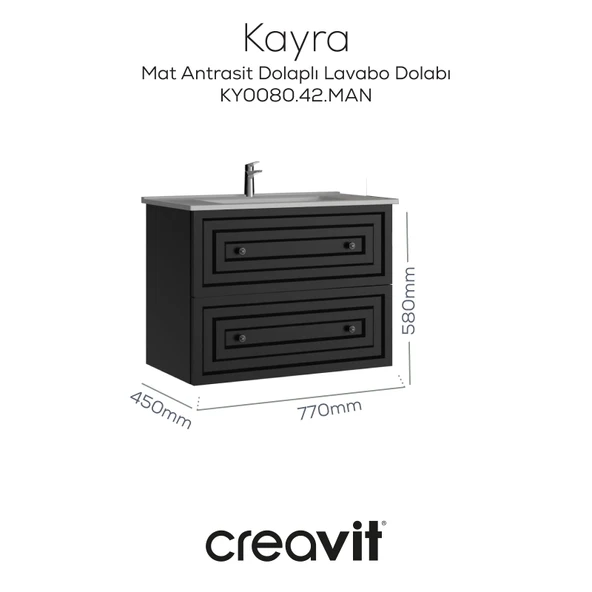 Kayra Lavabo Dolabı Çekmeceli 80cm Mat Antrasit ürün görseli