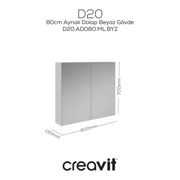 D20 80 Cm Beyaz Aynalı Dolap Melamin Gövde - 2