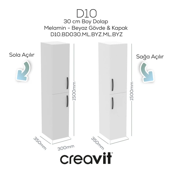 D20 30 Cm Sağa Açılır Boy Dolabı Beyaz Melamin Kapak (Demonte) ürün görseli