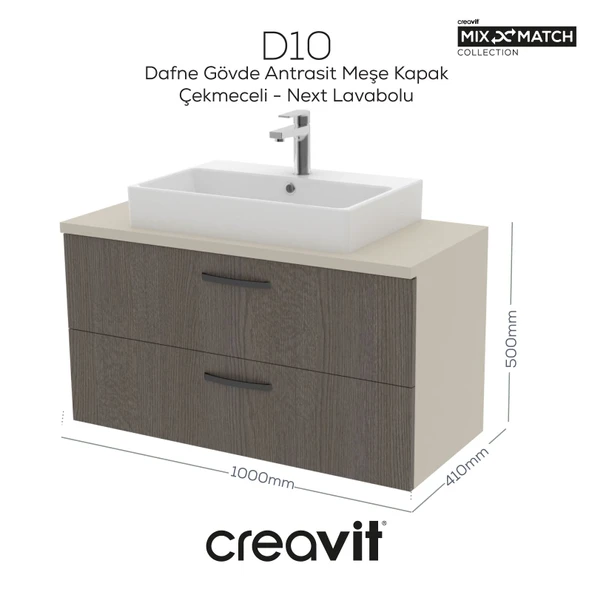 D10 Next Lavabo Dolabı İki Çekmeceli 100 cm Dafne Gövde Antrasit Meşe ürün görseli 1
