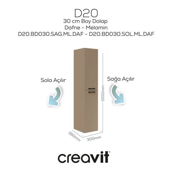 D20 30 Cm Sola Açılır Boy Dolabı Dafne Melamin Kapak (Demonte) - Resim 2