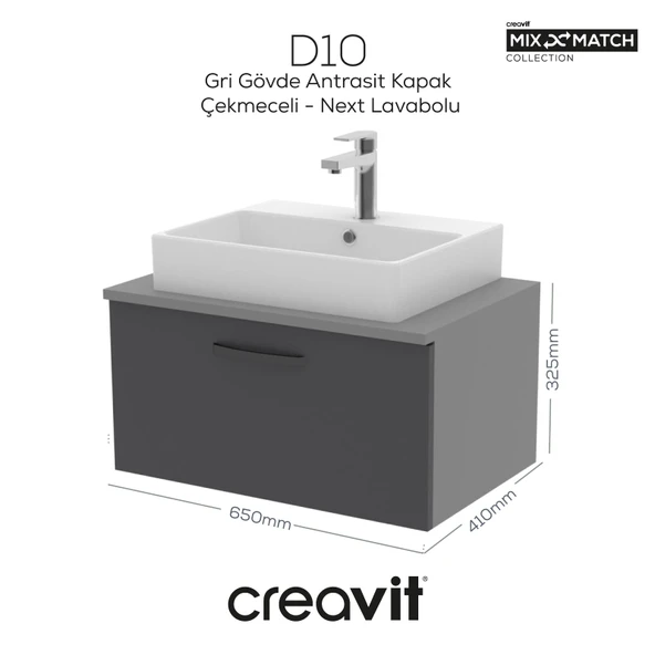 D10 Next Lavabo Dolabı Çekmeceli 65 cm Antrasit Melamin ürün görseli 1