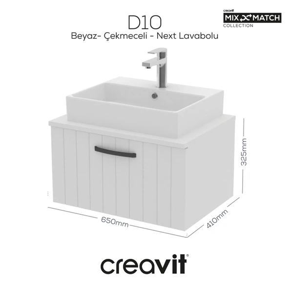 D10 Next Lavabo Dolabı Çekmeceli 65 cm Beyaz Lake ürün görseli